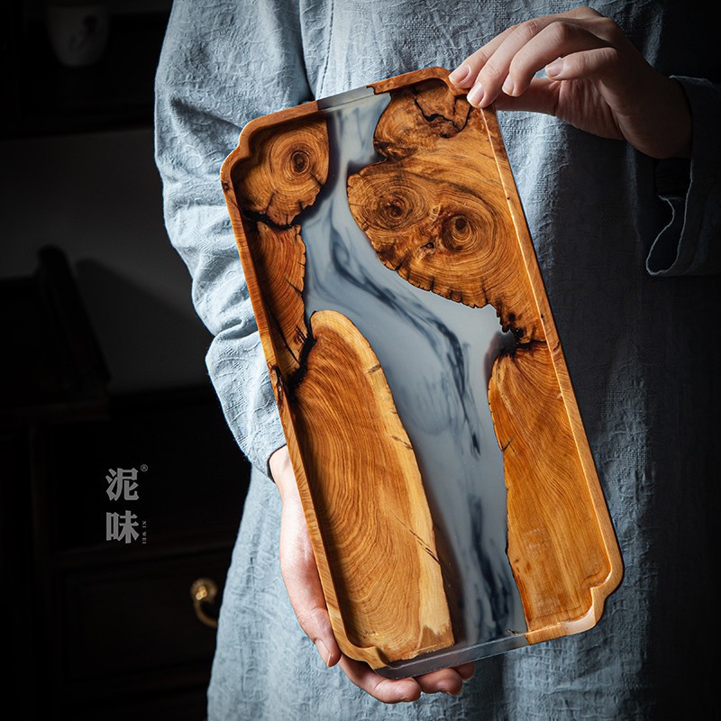 Resin Art Wooden Tray - Japanisches Zen-Stil Thuja-Holz Tintenkunst-Teetablett, Harz-Trockenbrühbrett mit