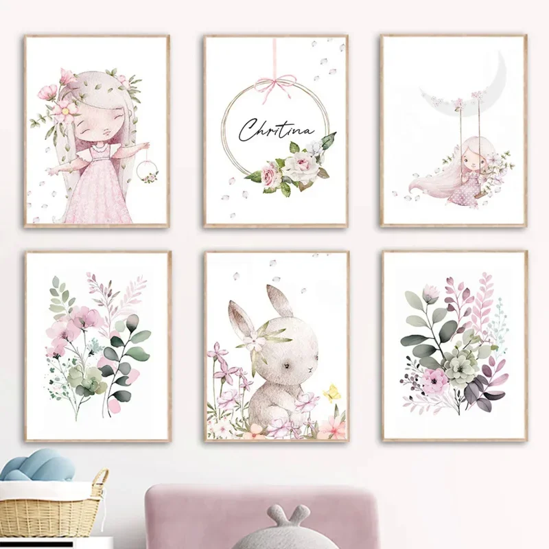 Resin Art With Flowers - Nordische Cartoon-Ästhetik Wandkunst Rosa Mädchen Kaninchen