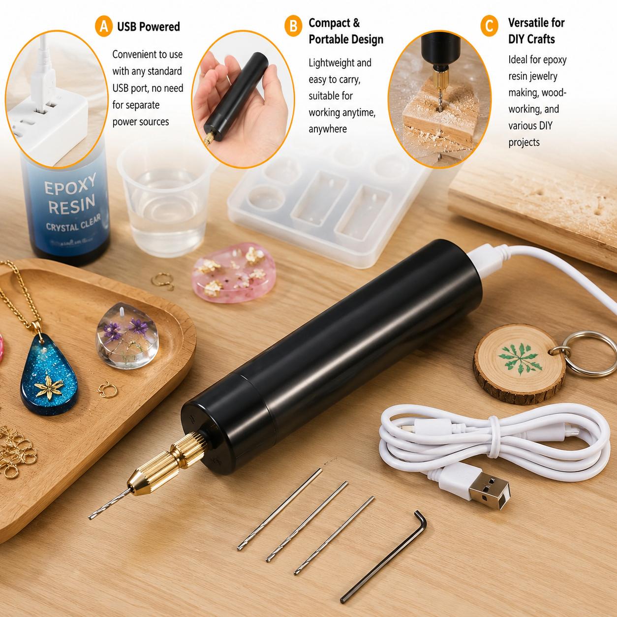 Resin Art Gift Ideas - Mini-Elektrobohrer USB-betrieben, kabelloses Gravierwerkzeug für Epoxidharz,