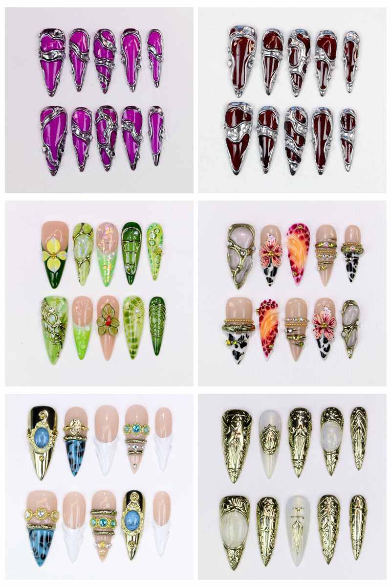 Resin Art With Flowers - 10 Stück Lange Stiletto Aufklebenägel Glänzend
