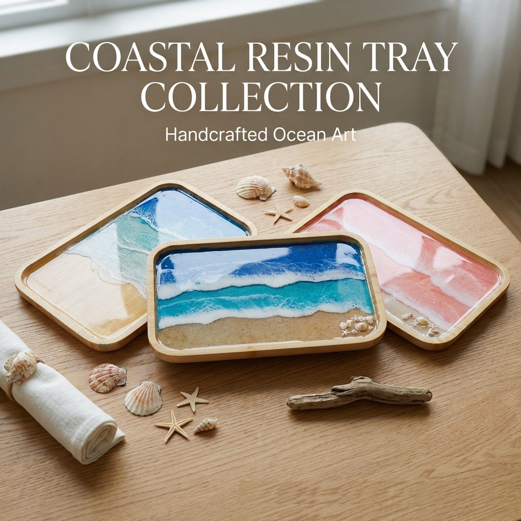Resin Art Wooden Tray - Epoxidharz-Ozean-Kunst-Dekotablett für Kaffee- und Esstische, Arbeitsplatten,