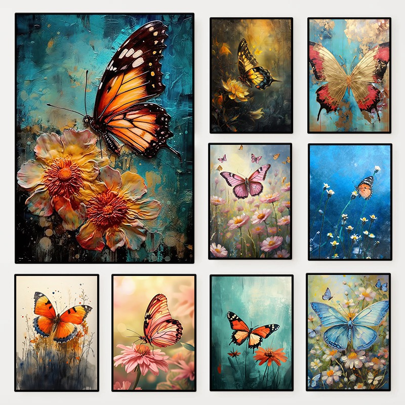 Resin Art With Flowers - Blumen-Schmetterling-Poster, farbenfrohe Insekten- und Blumenlandschaft, minimalistischer