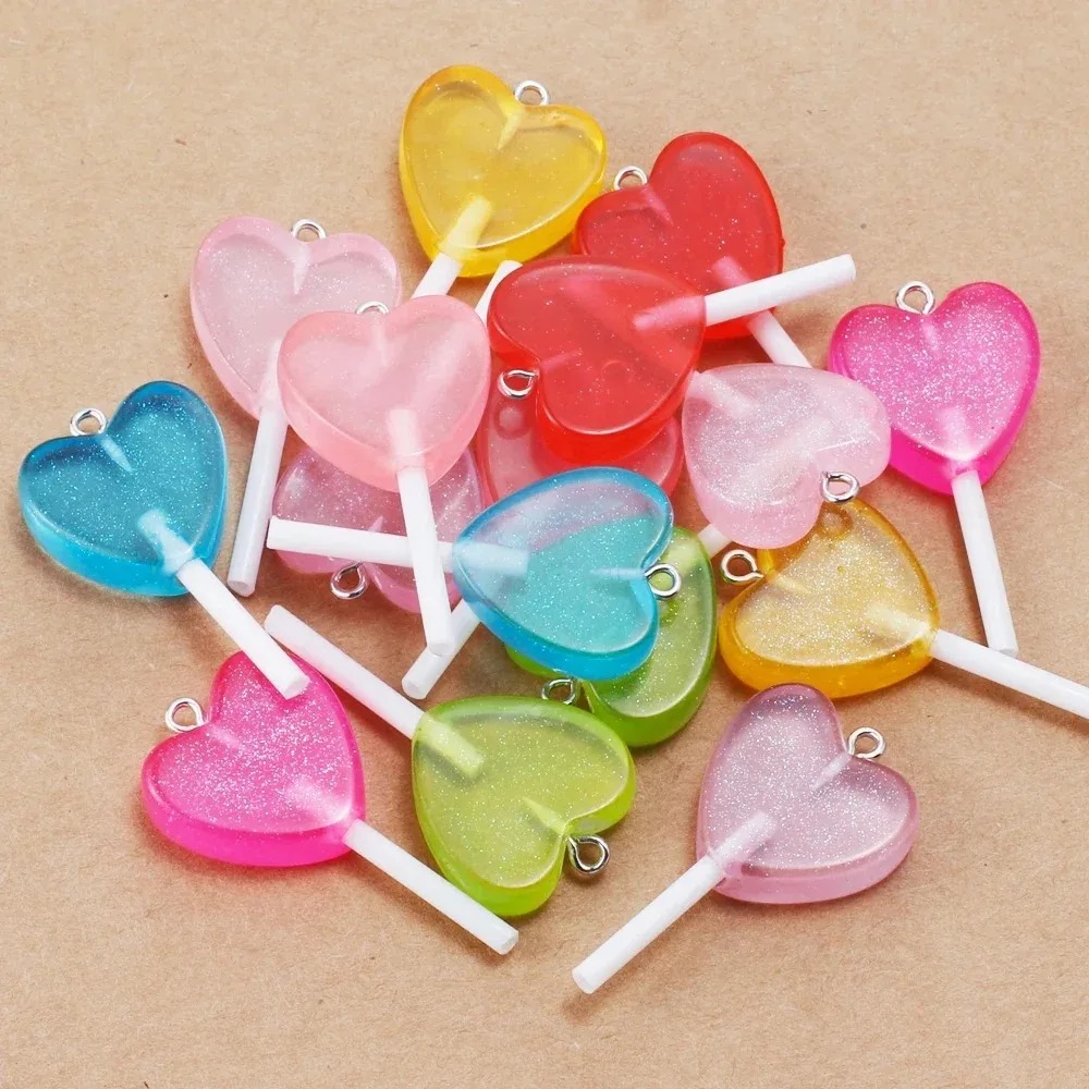 Resin Art Gift Ideas - 10 Stück Kawaii Glitzernde Herz-Lollipop-Harzanhänger, Glitzer-Bonbon-Anhänger,